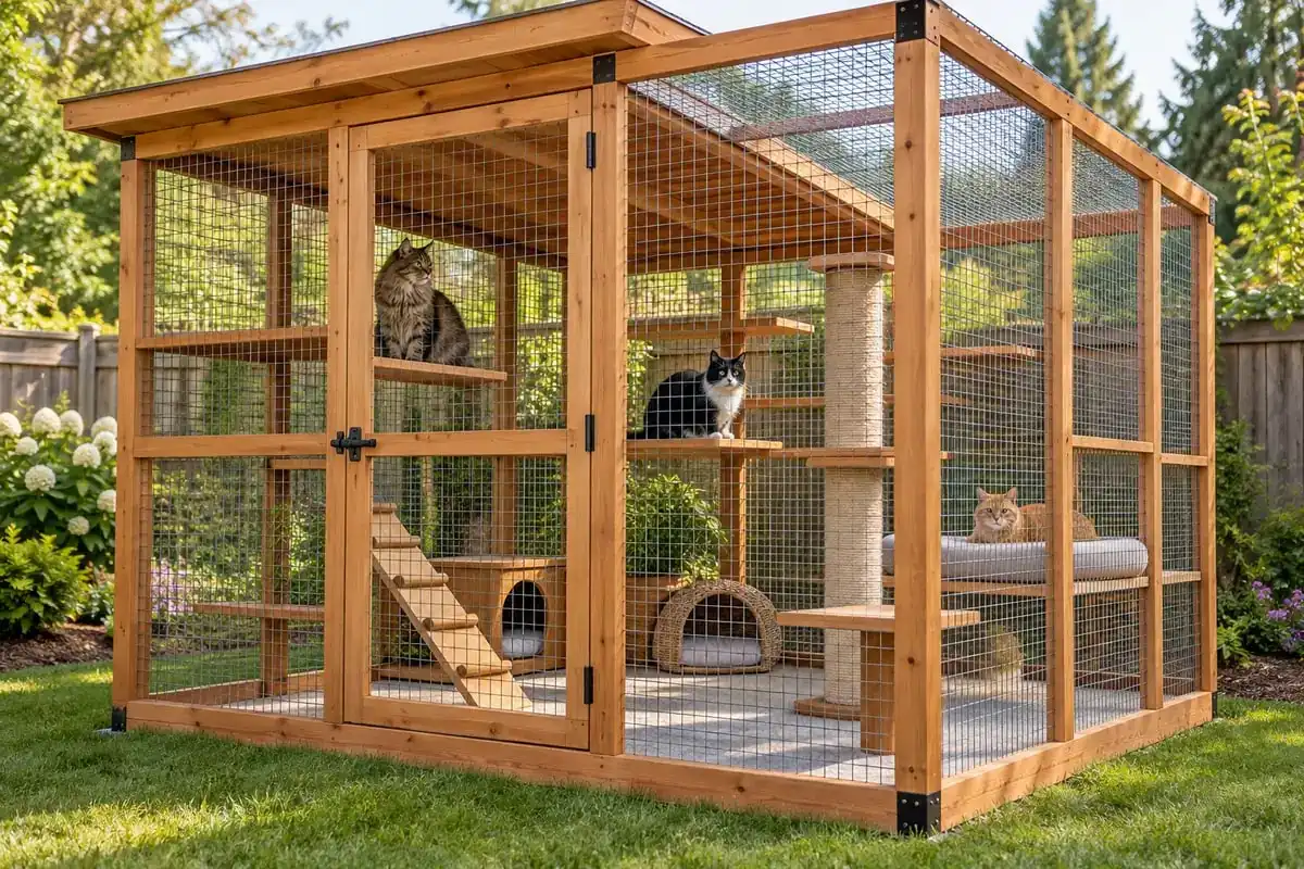 A cedar walk-in catio on a lawn, three cats on its shelves: a catio like this one