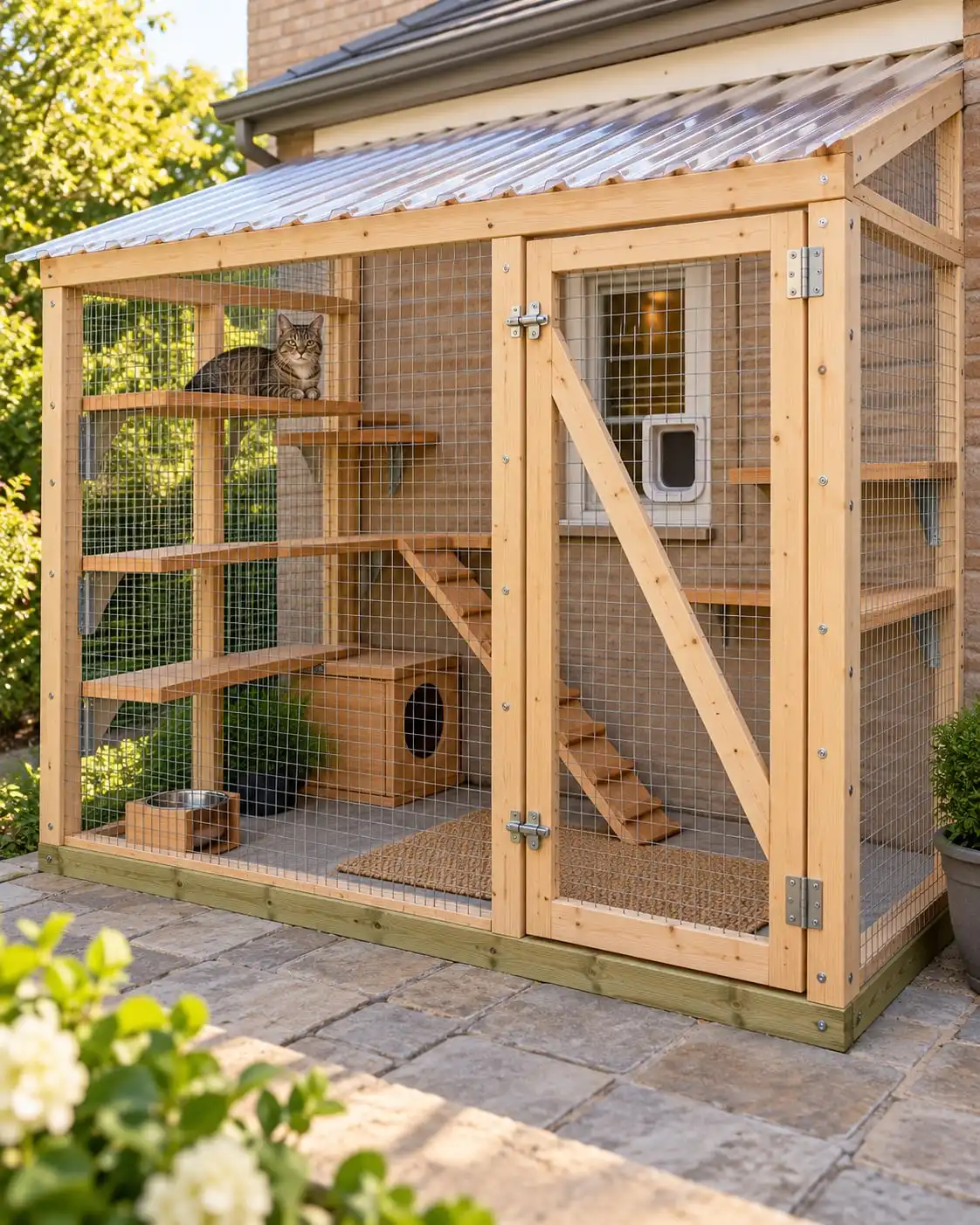 A lean-to catio like this one against a brick house wall, a tabby on a shelf and a cat flap in the window