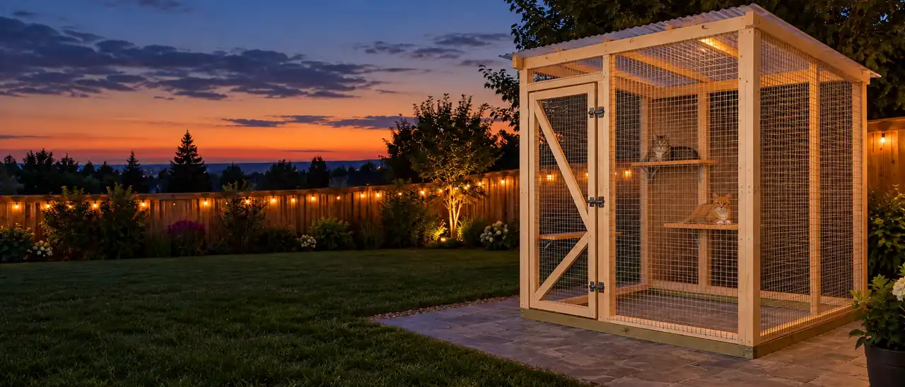 A pine walk-in catio on a stone patio at dusk, string lights on the fence and two cats on its shelves