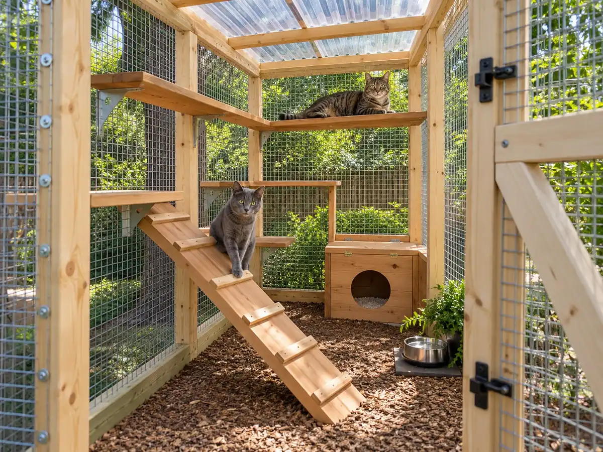 Inside a pine catio through its open door: cedar shelves, a ramp, a litter nook and two cats