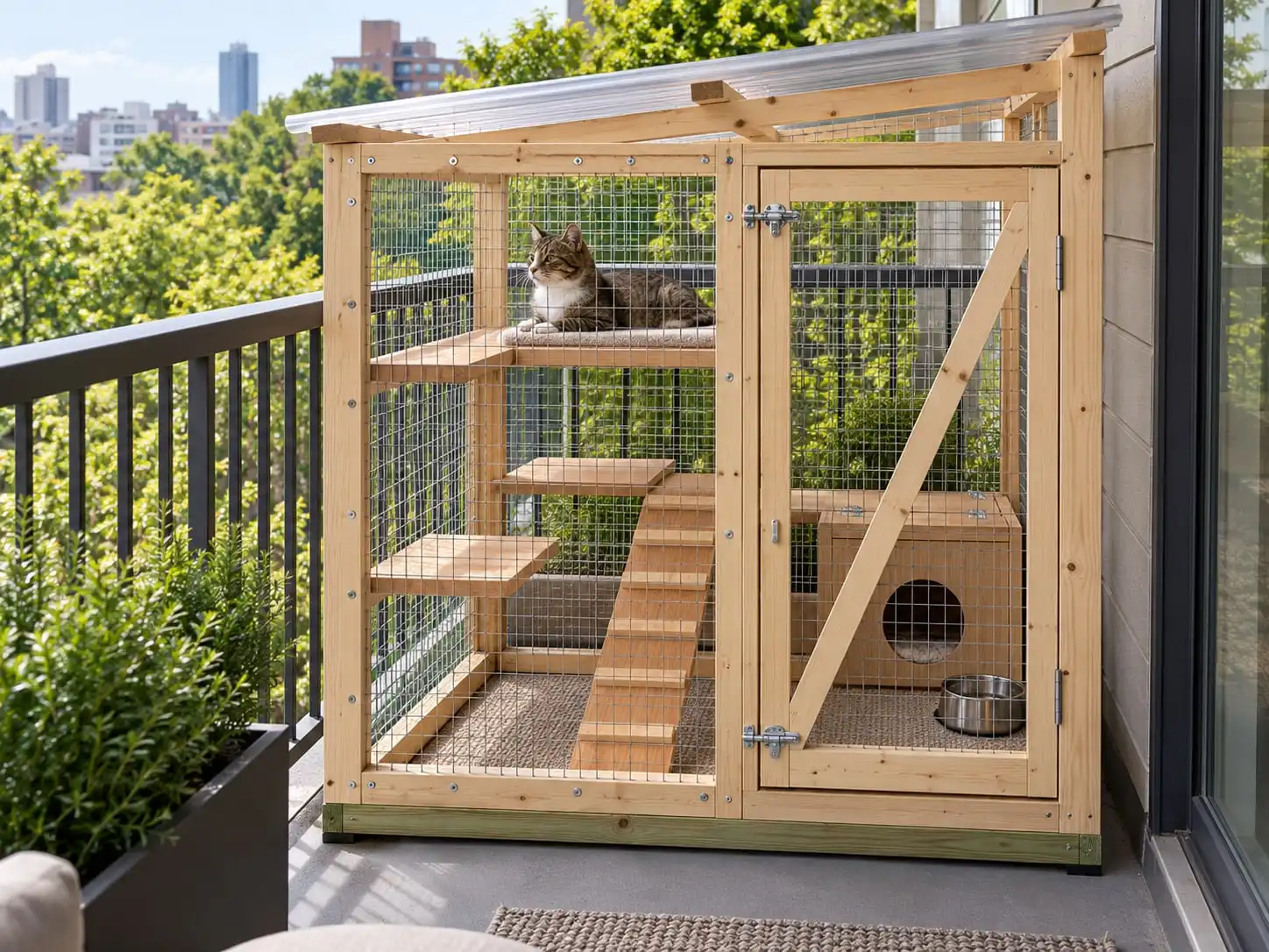 A small pine catio on an apartment balcony against the railing, one cat on a cedar shelf