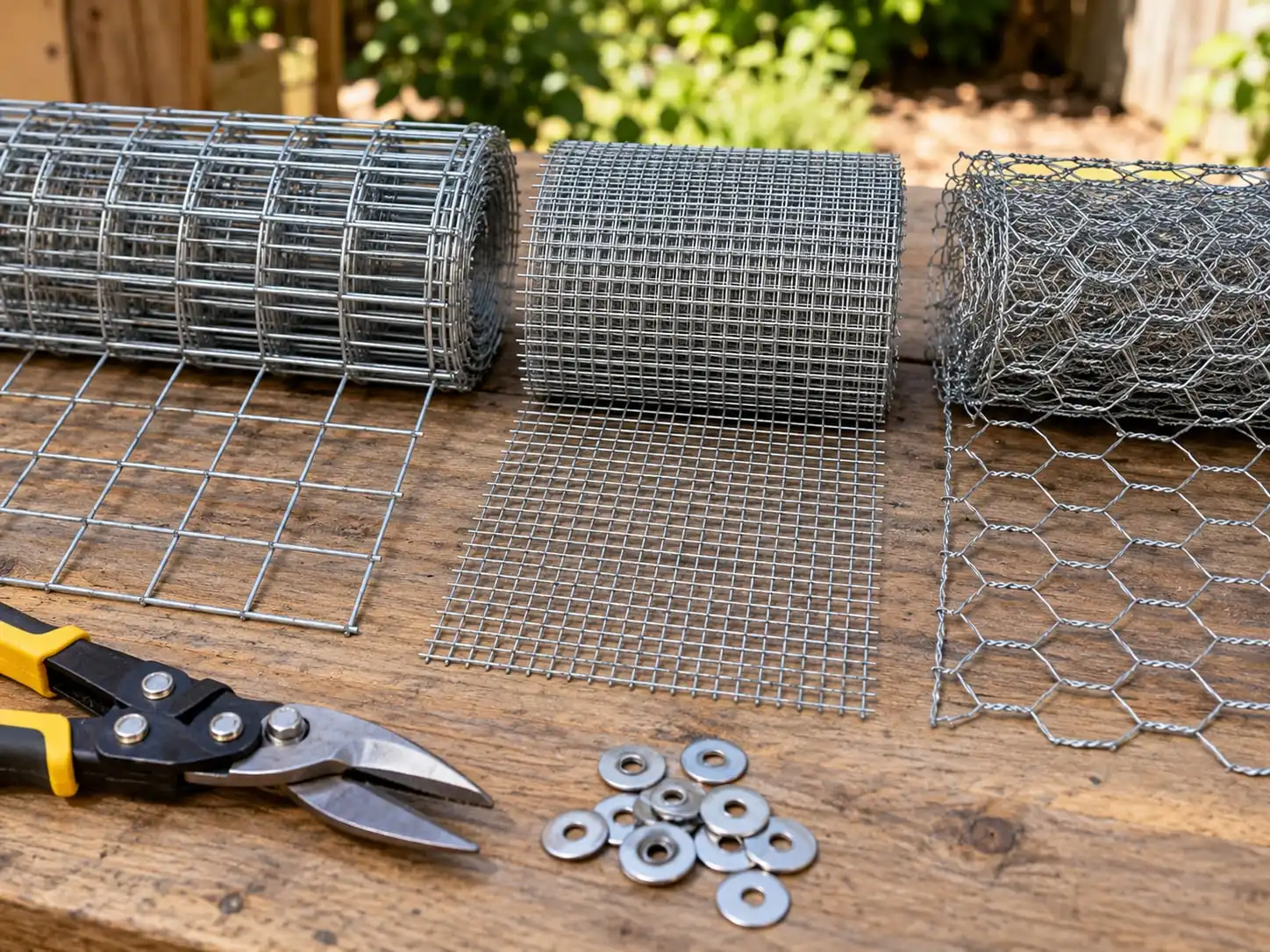 Three rolls of mesh side by side: 1 x 2 in welded wire, 1/2 in hardware cloth and chicken wire, with snips and stainless washers