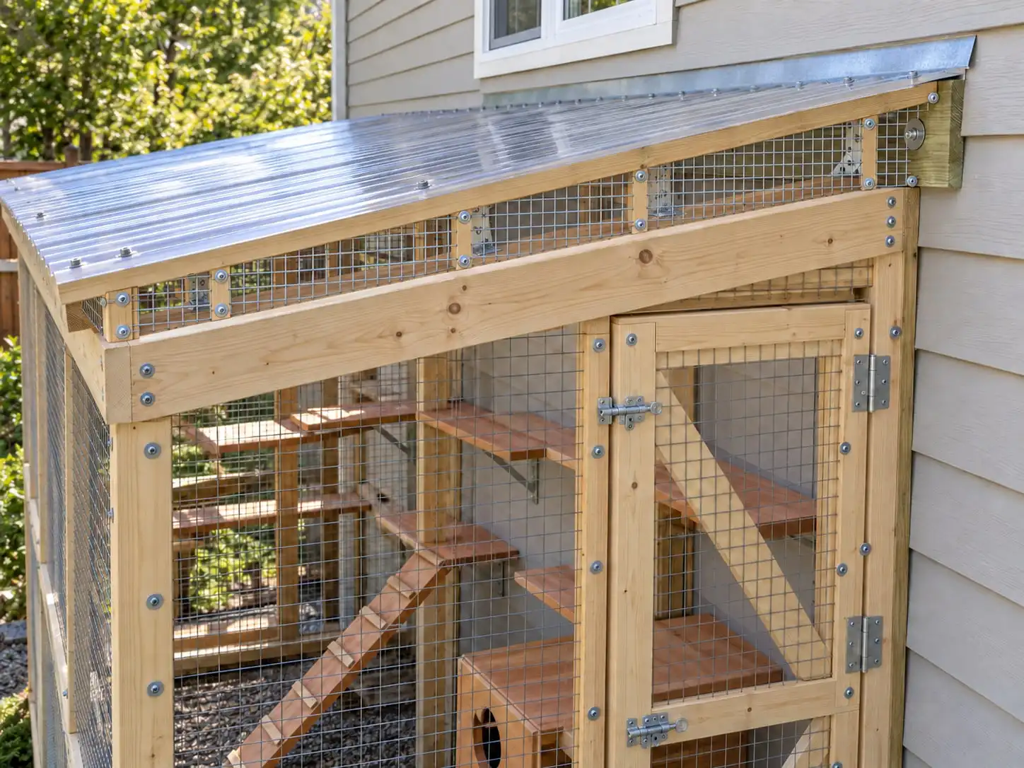 A pine lean-to catio fastened to a house wall on a flashed ledger, a clear panel roof and a walk-in door