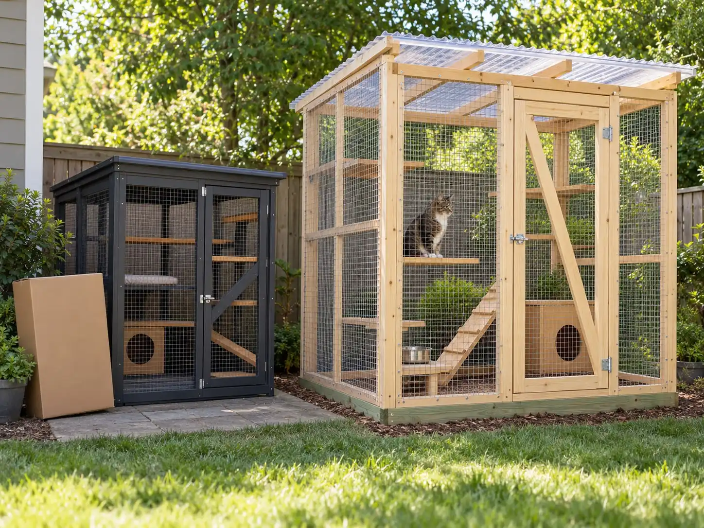 A small dark store-bought catio kit beside a larger pine DIY catio in a backyard, one cat in the DIY catio