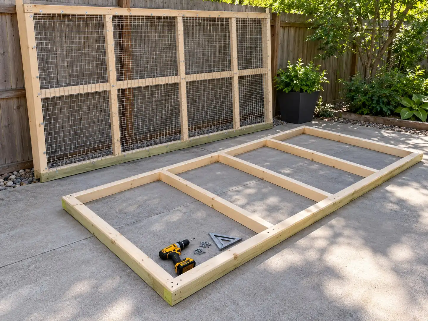 A framed pine catio wall with welded wire leaning on a fence, the next wall laid out on the patio with a drill and a square