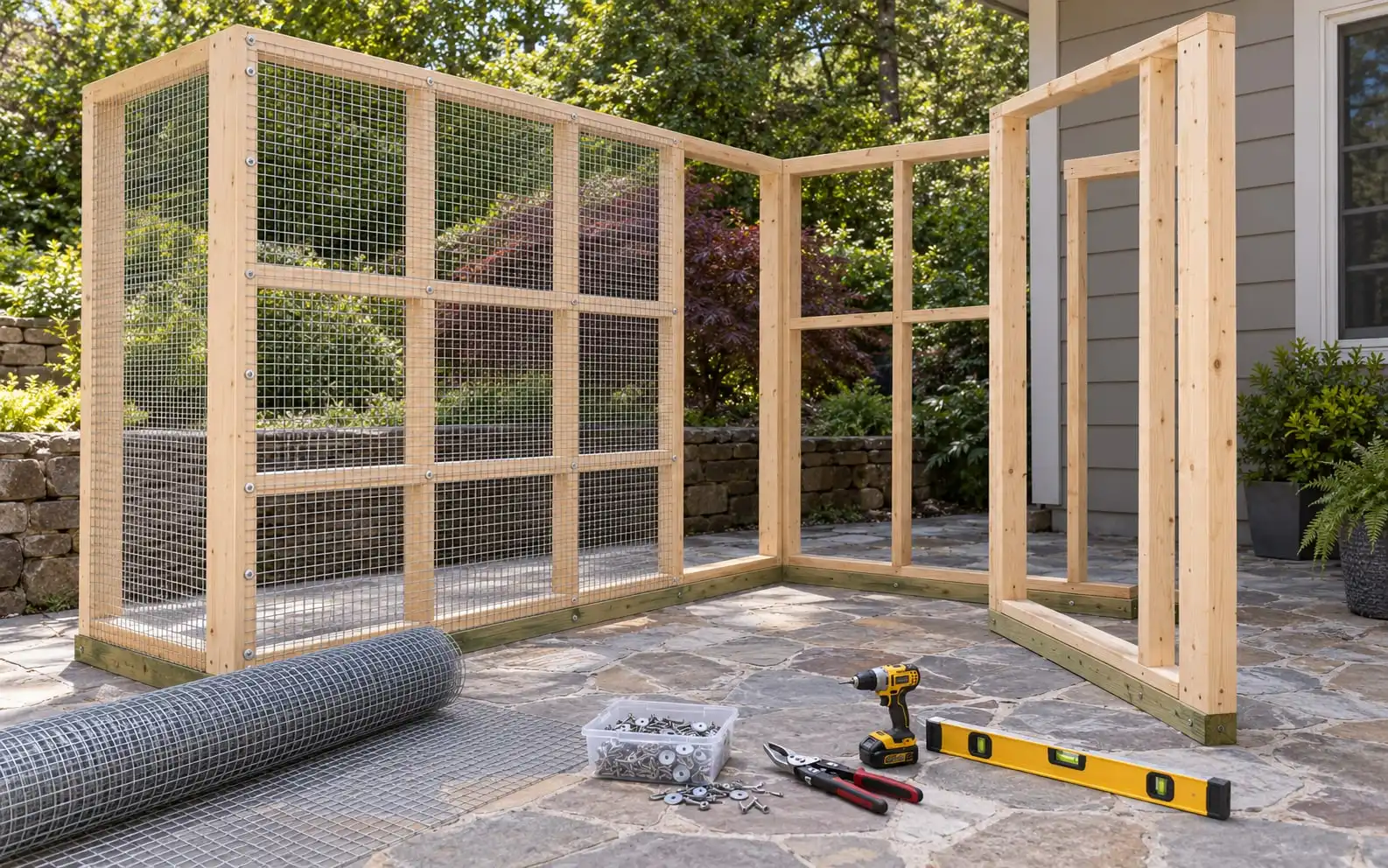 A catio being built on a stone patio: framed pine walls, a roll of welded wire, screws, washers and tools