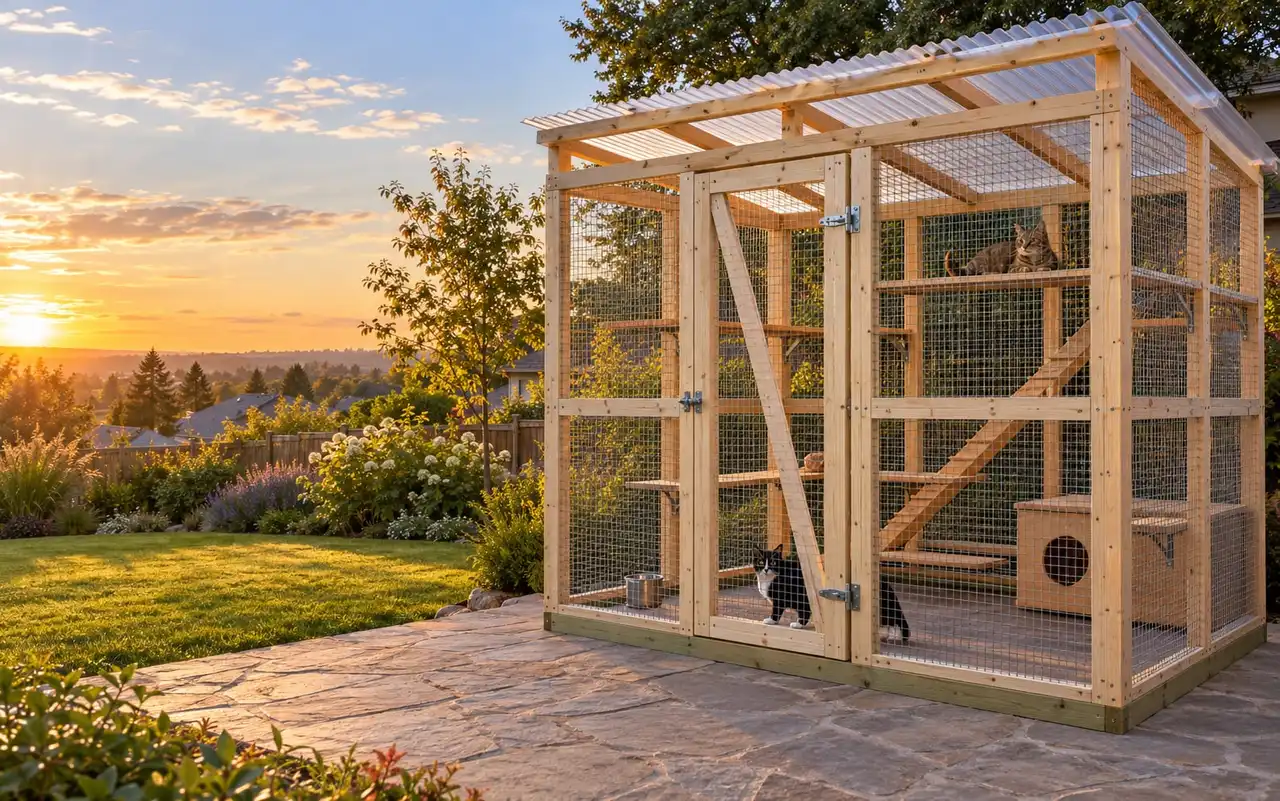 A pine walk-in catio on a stone patio at golden hour, two cats inside on cedar shelves