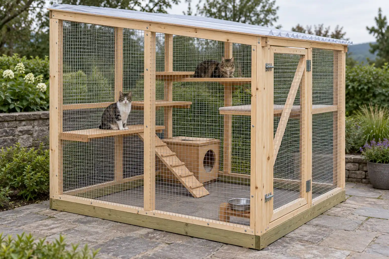 A pine walk-in catio on a stone patio, two cats on its shelves and a litter nook: a catio like this one