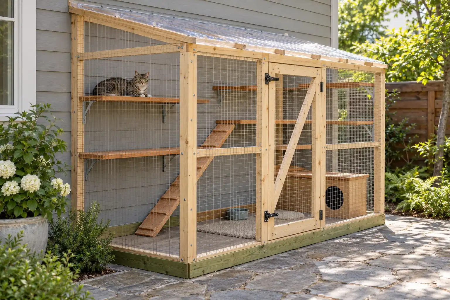 A pine lean-to catio against a house wall with a walk-in door, one tabby on a shelf: a catio like this one