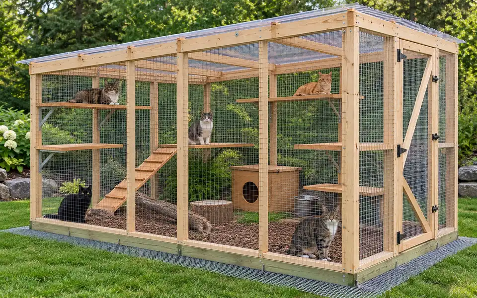 A large pine walk-in catio on a lawn with a mesh apron, five cats on its shelves and floor