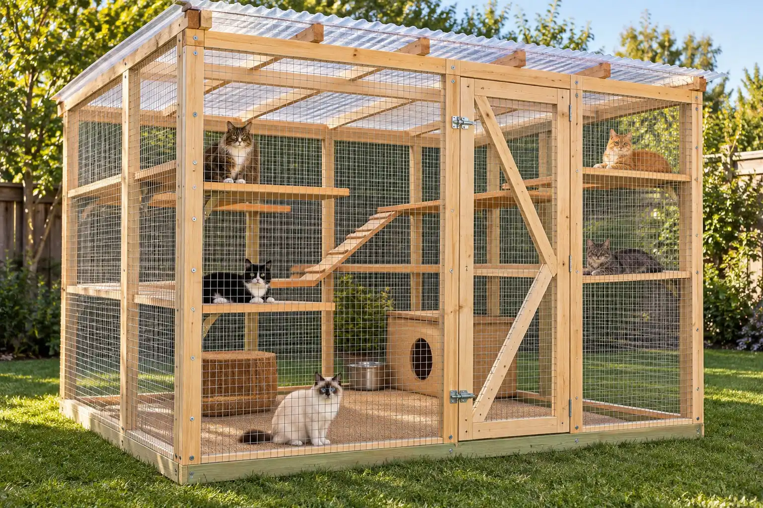 A large pine walk-in catio on a lawn, five cats on its shelves and floor: a catio like this one