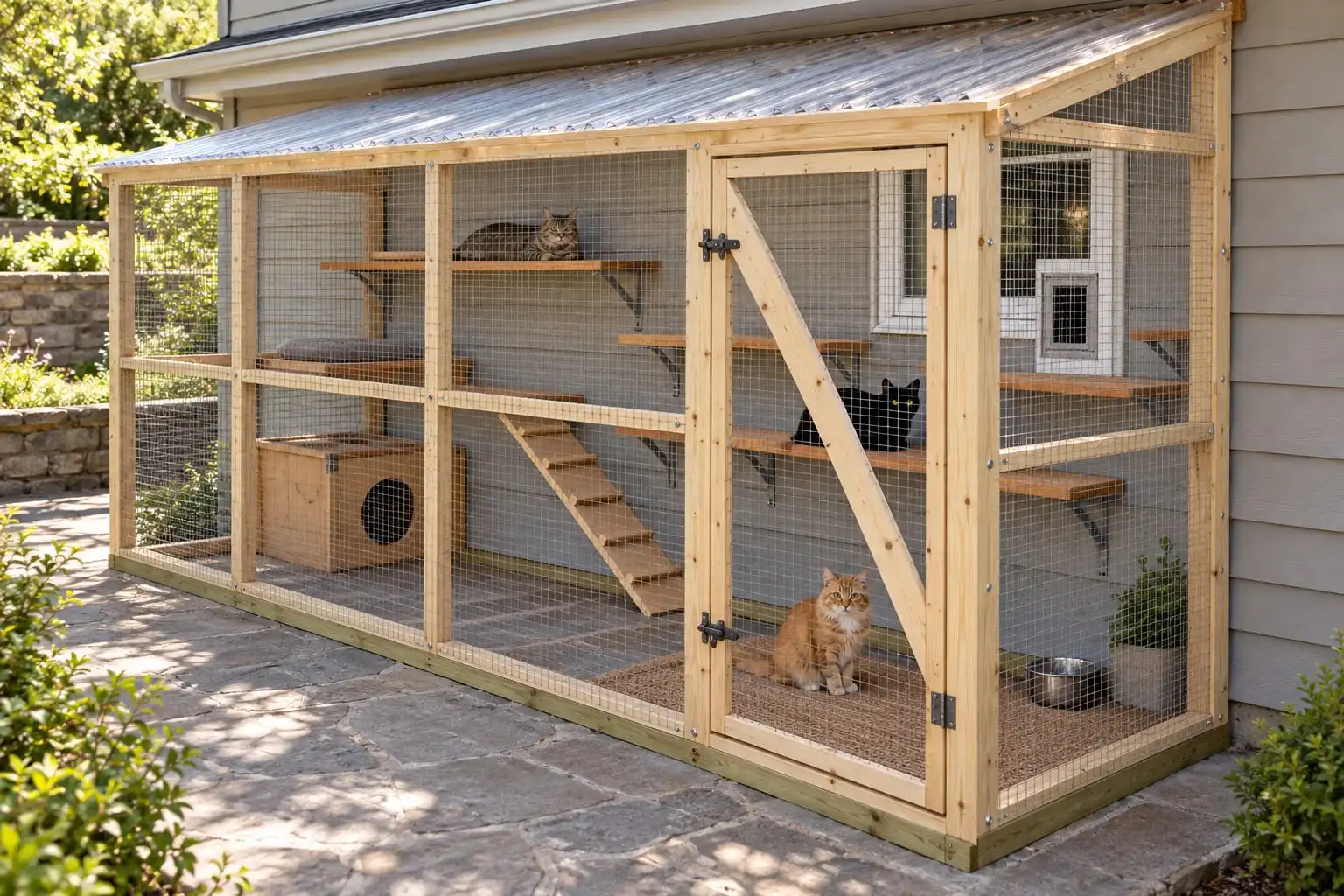 A long pine lean-to catio along a house wall, three cats on its shelves and floor: a catio like this one