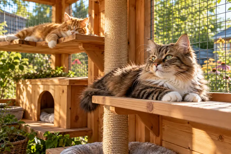 Two cats lounging in the sun inside a catio, on cedar shelves beside a sisal scratching post and a small wooden cat house
